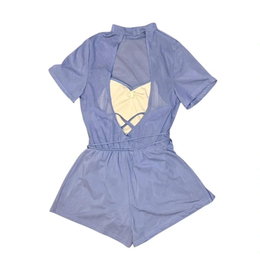 Balera | Mock Neck Power Mesh Romper Short Sleeve Storm Blue, Size LC SA